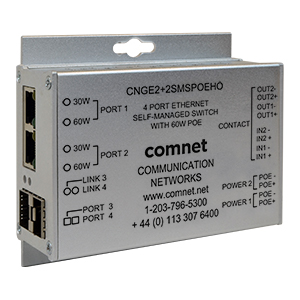 ComNet CNGE2+2SMS: Mini Intelligent 1Gb Ethernet Ring Switch, 4 Ports: 2 x Gigabit Electrical Ports, 2 x Gigabit SFP Ports, Optional PoE, Optional Contact Closure, Self-managed
