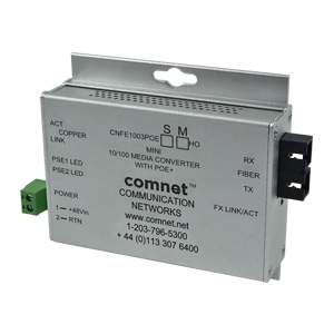 ComNet: Ethernet Media Converter, 100Mbps,  1 Channel, 1 or 2 Fibre, Multimode or Singlemode, PoE+ & PoE++